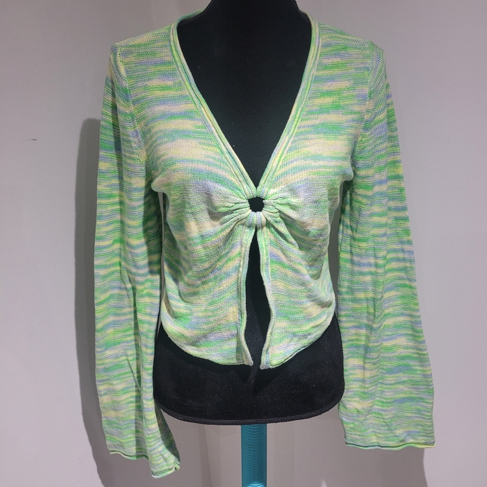 American Eagle Women's Knit Ring-Front Bell Sleeve Cardigan Large Green Yellow